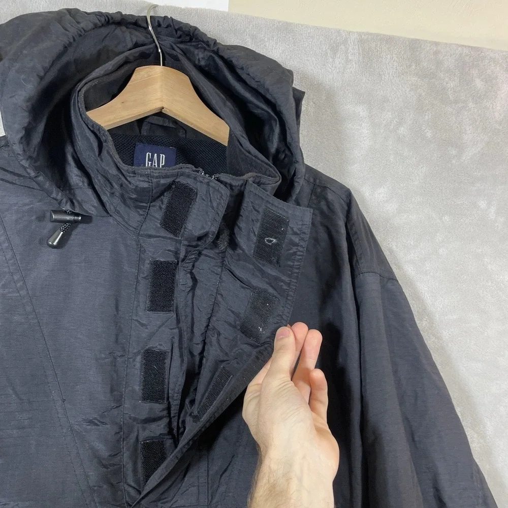 Vtg GAP Anorak Smock Jacket Mens Large Black Rain Ripstop Pullover Hooded Y2K